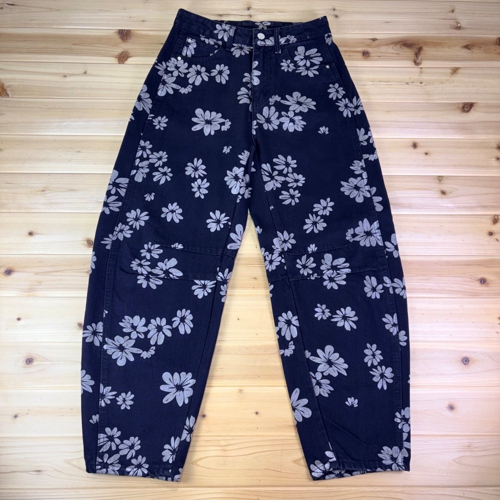Abela Story Jeans Womens Small Black Floral Baggy Barrel Wide Leg Denim Jeans